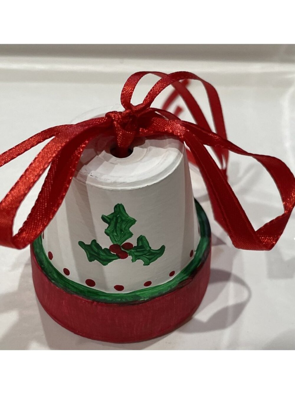 TERRA COTTA /CLAY POT MINIATURE CHRISTMAS TREE ORNAMENT-BELL-HAND PAINTED